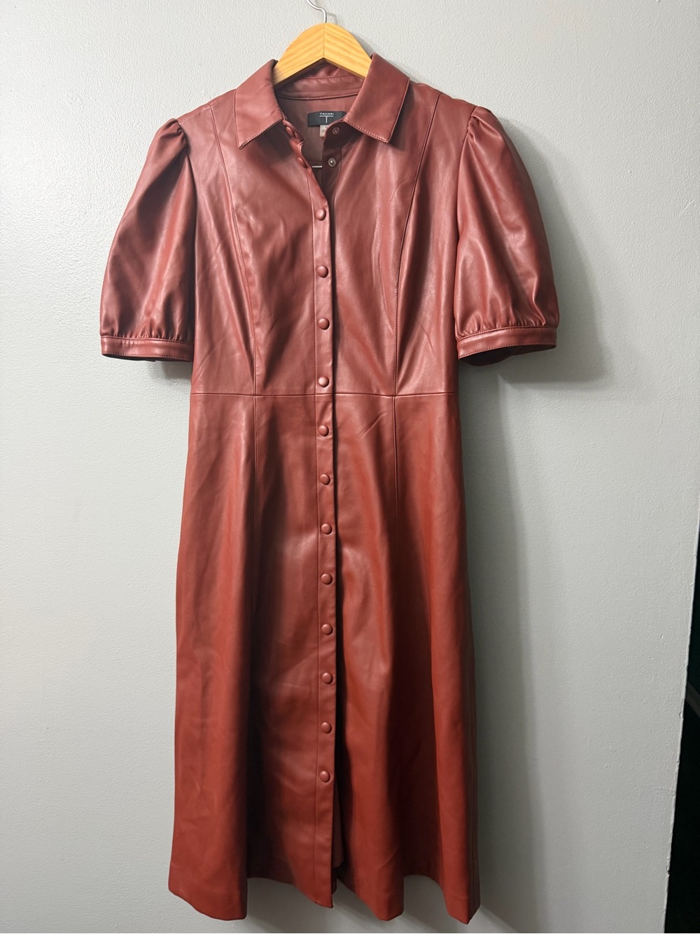 Tahari Rust-Brown Faux Leather Midi Shirt Dress 8